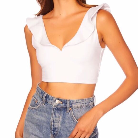 Susana Monaco -1623 NWT White Sugar Ruffle Plunging‎ V-Neck Jersey Crop Top XL - Picture 1 of 8